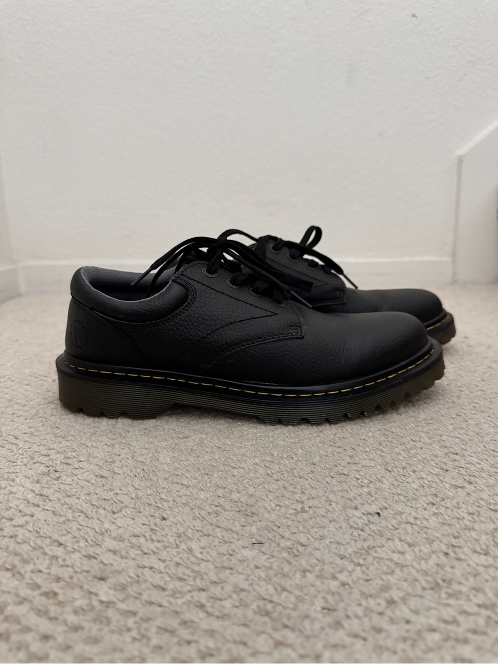 Dr. Martens Men’s Black Leather Lace-Up Derby with Yellow Stitching